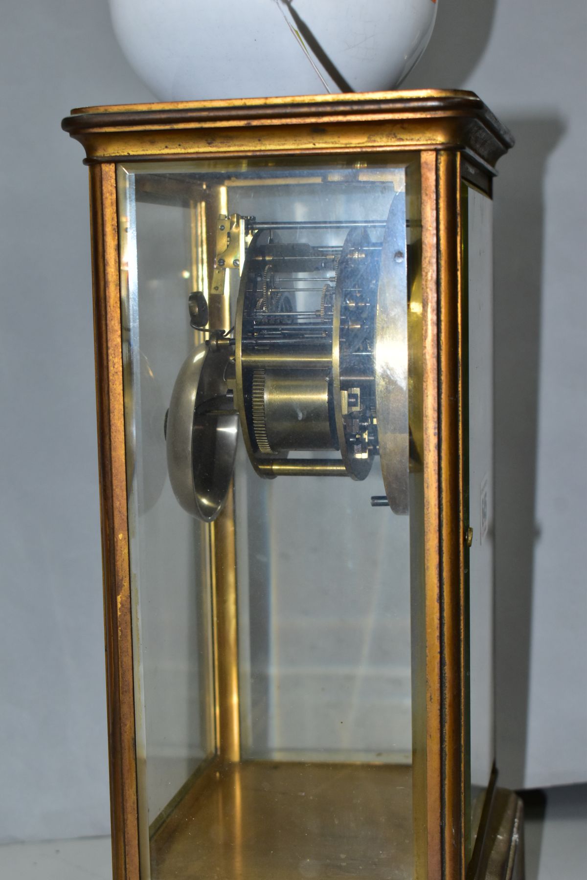 A LATE 19TH CENTURY FRENCH BRASS CASED MANTEL CLOCK OF RECTANGULAR FORM, four glazed panels, white - Image 4 of 8