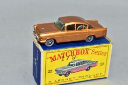 A BOXED MATCHBOX 1-75 SERIES 1958 VAUXHALL CRESTA, No.22, metallic gold body, silver plastic wheels,
