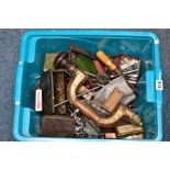 A BOX OF TOOLS, including a Joseph Cooper of Birmingham wooden hand drill, initialled G.S, drill