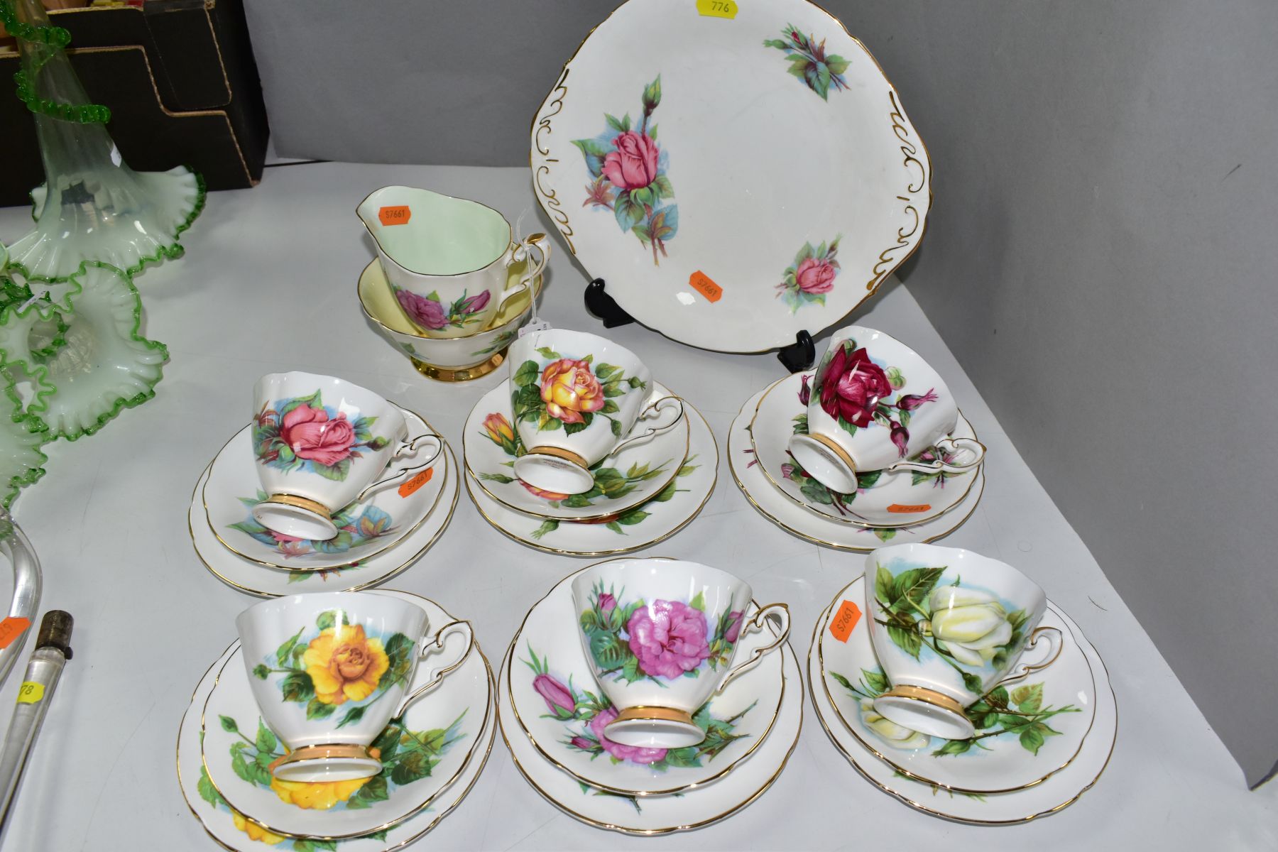 TWENTY PIECE HARLEQUIN SET OF PARAGON 'SIX WORLD FAMOUS ROSES', comprising a cake plate, sugar bowl,