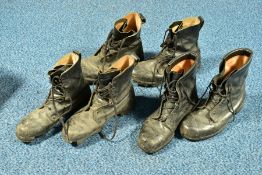 A BOX CONTAINING THREE A/F PAIRS OF MILITARY STYLE BLACK BOOTS, used (Condition:- soles of the boots