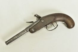 A 70 BORE QUEEN ANN BARREL FLINTLOCK PISTOL. its' 3 ½'' turn off barrel has a notched muzzle for use