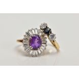 TWO 9CT GOLD DRESS RINGS, the first an amethyst and cubic zirconia cluster ring, ring size M ½,