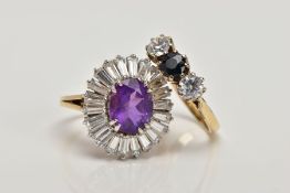 TWO 9CT GOLD DRESS RINGS, the first an amethyst and cubic zirconia cluster ring, ring size M ½,