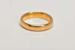 A 22CT GOLD WEDDING BAND, plain polished design, hallmarked 22ct gold Birmingham, ring size L,