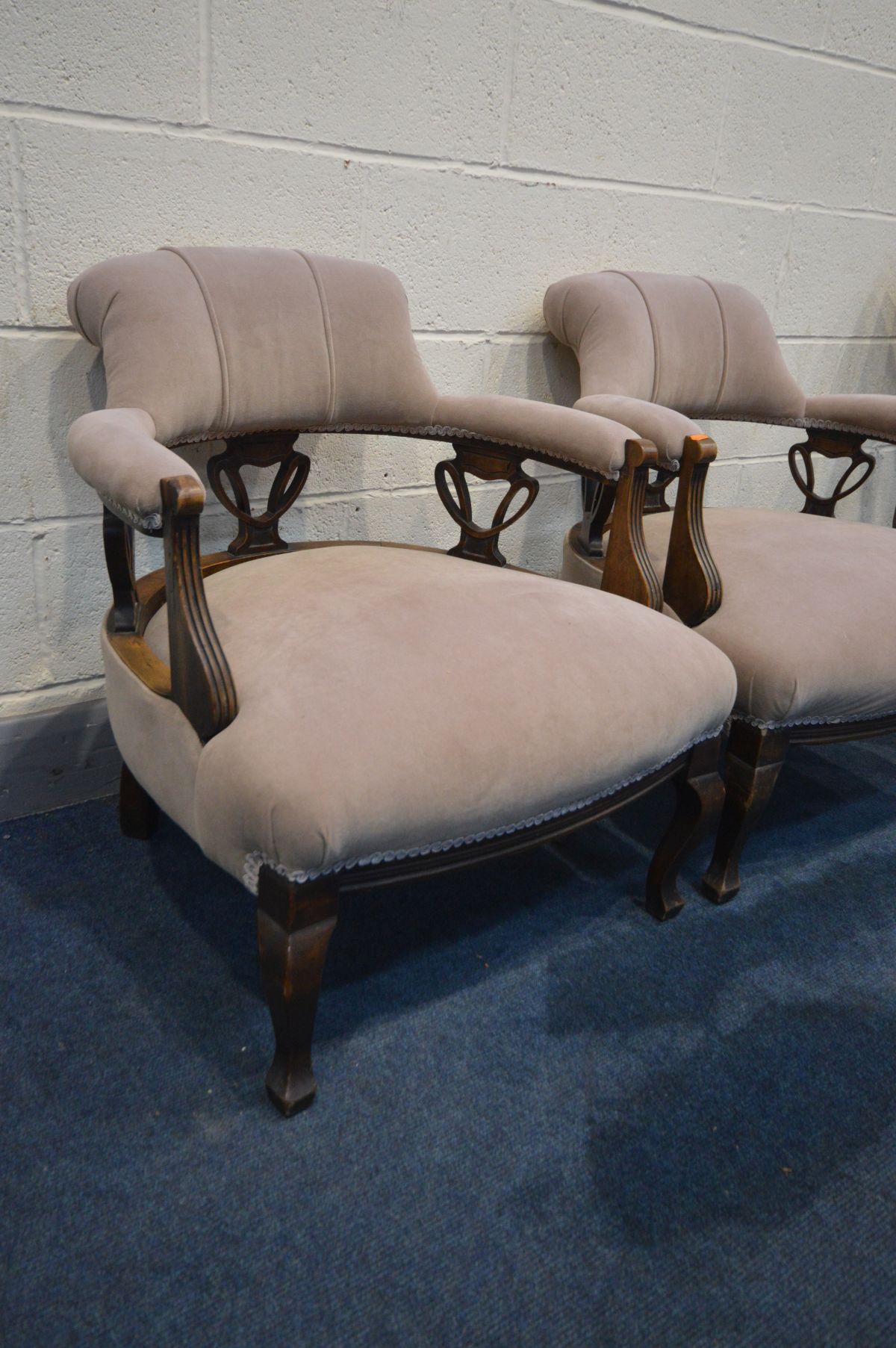 A PAIR OF EDWARDIAN MAHOGANY TUB CHAIRS, with Art Nouveau back, along with a beech bergère rocking - Image 2 of 4