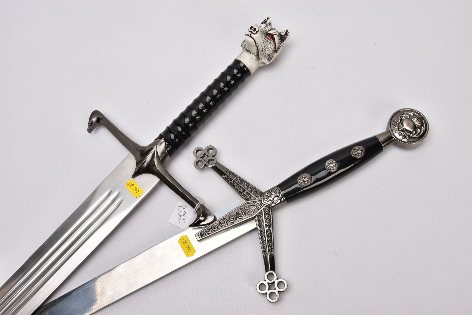 TWO REPLICA COPY SWORDS a Medieval style approximately 83cm length blade, angled downward cross- - Image 6 of 9