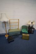 A QUANTITY OF OCCASIONAL FURNITURE, to include a Lloyd loom bedroom chair and ottoman, lamp table,