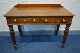 A VICTORIAN WALNUT SIDE TABLE, with a raised back, two frieze drawers, on fluted legs, width 106cm x