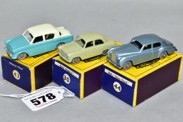 THREE BOXED MATCHBOX 1-75 SERIES CARS, Ford Prefect, No.30, grey brown body, grey plastic wheels,