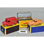 THREE BOXED MATCHBOX 1-75 SERIES VEHICLES, Mobile Refreshment Bar, No. 74, silver body, light blue