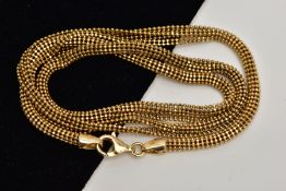 A 9CT GOLD BEADED CHAIN, beaded snake style chain, fitted with a lobster claw clasp, hallmarked