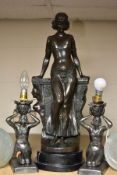 A PAIR OF REPRODUCTION ART DECO STYLE TABLE LAMPS AND A REPRODUCTION BRONZE, comprising a pair of