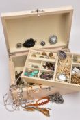 A JEWELLERY BOX WITH MOSTLY COSTUME JEWELLERY, cream chest shaped jewellery box with floral detail