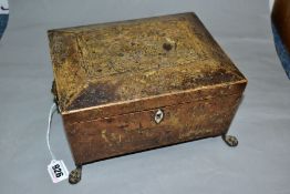 SEWING AND NEEDLEWORK INTEREST: A LATE REGENCY YEW WOOD AND INLAID WORK BOX OF SARCOPHAGUS FORM,
