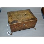 SEWING AND NEEDLEWORK INTEREST: A LATE REGENCY YEW WOOD AND INLAID WORK BOX OF SARCOPHAGUS FORM,