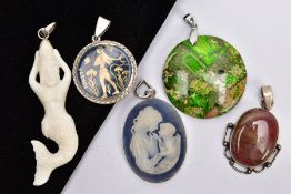 FIVE PENDANTS, to include a white metal agate cabochon, fitted with a tapered bail stamped '925',