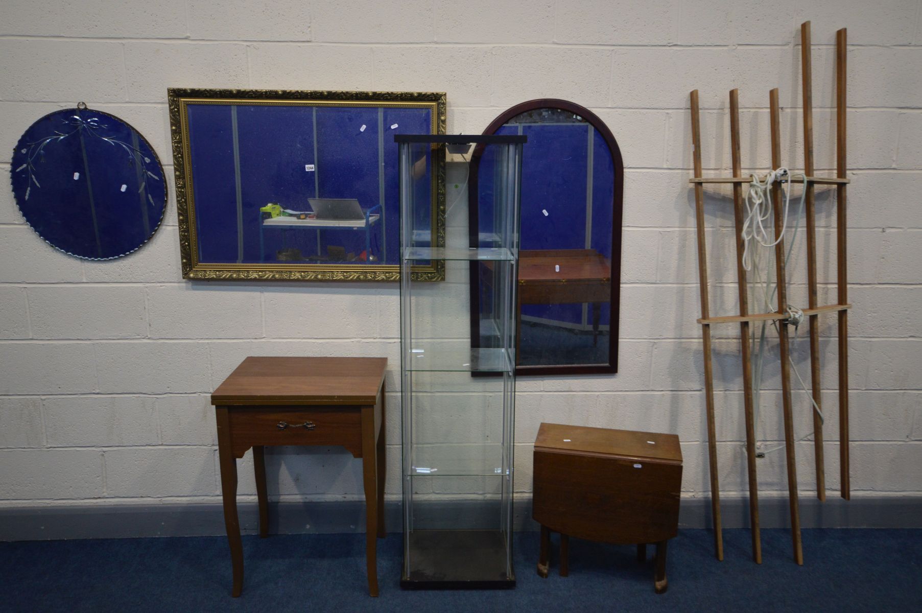 A QUANTITY OF FURNITURE, to include three various wall mirrors, shop display cabinet (missing