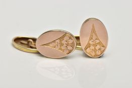 A PAIR OF 9CT GOLD CUFFLINKS, each of an oval form, engraved foliate design, hallmarked 9ct gold