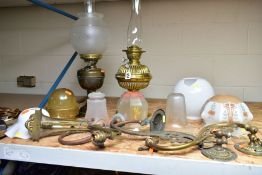 OIL LAMPS, GLASS SHADES AND FIXTURES, to include two brass oil lamps with chimneys, both marked '