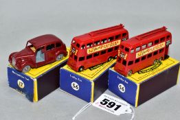 THREE BOXED MATCHBOX 1-75 SERIES VEHICLES, Austin FX3 Metropolitan Taxi, No. 17, maroon body, grey