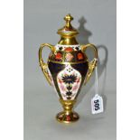 A ROYAL CROWN DERBY TWIN HANDLED LIDDED URN, with painted and printed red marks, marked 128 and