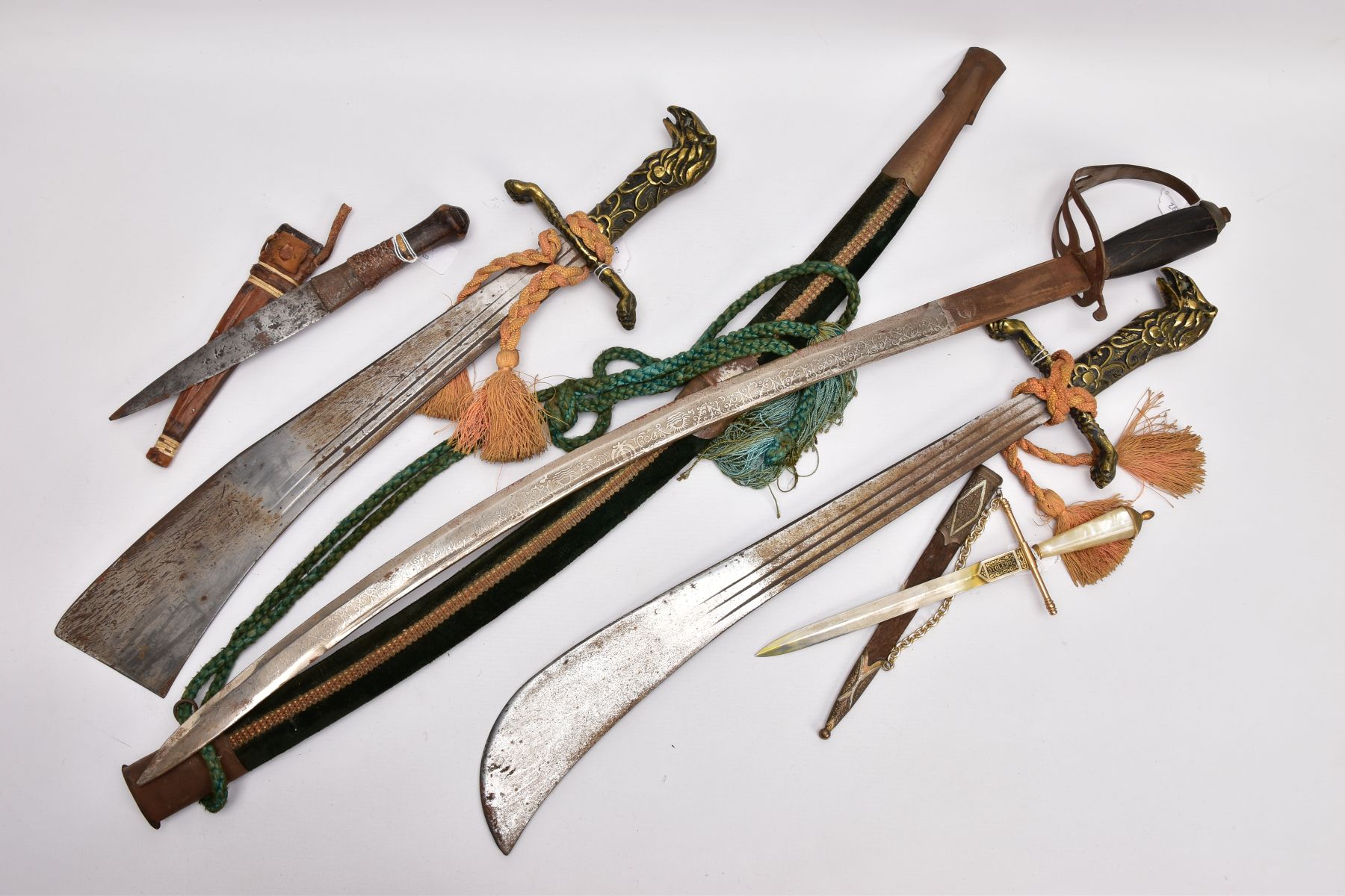 FIVE ASSORTED BLADED WEAPONS, two small short swords, curved blades, poorly constructed, knots in - Image 9 of 14