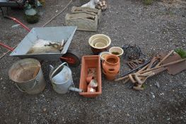 SEVEN GLAZED PLANT POTS, a strawberry pot , a wheel barrow, a galvanised watering can and bucket