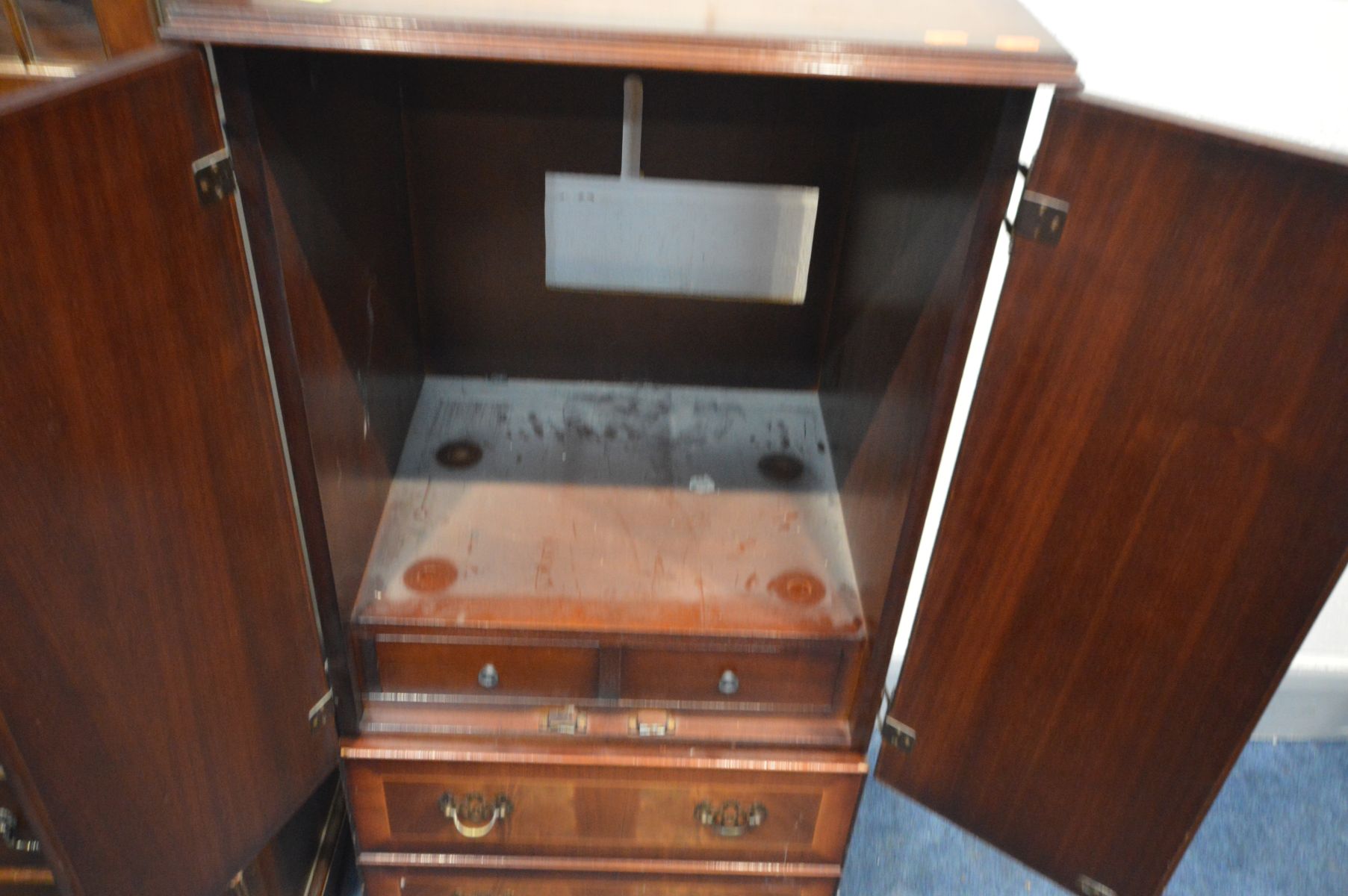 A MAHOGANY BUREAU BOOKCASE, width 75cm x depth 45cm x height 189cm, along with a hi-fi cabinet and - Image 3 of 3