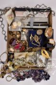 A BOX OF ASSORTED ITEMS, to include a white metal openwork marcasite brooch, fitted with a brooch