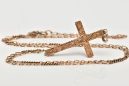 A 9CT GOLD AF CHAIN WITH A YELLOW METAL CROSS PENDANT, broken fetter chain fitted with a spring