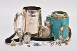A SILVER CUP, NAPKIN RINGS, BABY RATTLE AND JEWELLERY, the late Victorian cup of a plain polished