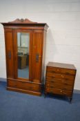 AN EDWARDIAN WALNUT SINGLE MIRROR DOOR WARDROBE, with a single long drawer, width 125cm x depth