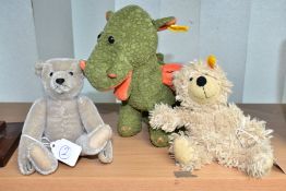 THREE ASSORTED MODERN STEIFF SOFT TOYS, green dragon, No 110764, soft wool plush bear, No 012822 and