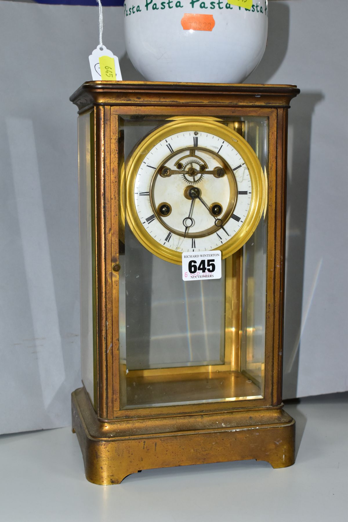 A LATE 19TH CENTURY FRENCH BRASS CASED MANTEL CLOCK OF RECTANGULAR FORM, four glazed panels, white - Image 2 of 8