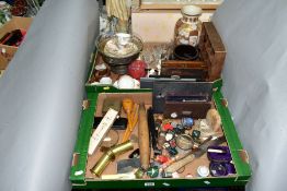TWO BOXES OF CERAMICS, GLASS, WOODEN AND METAL WARES, to include vintage drawing equipment,