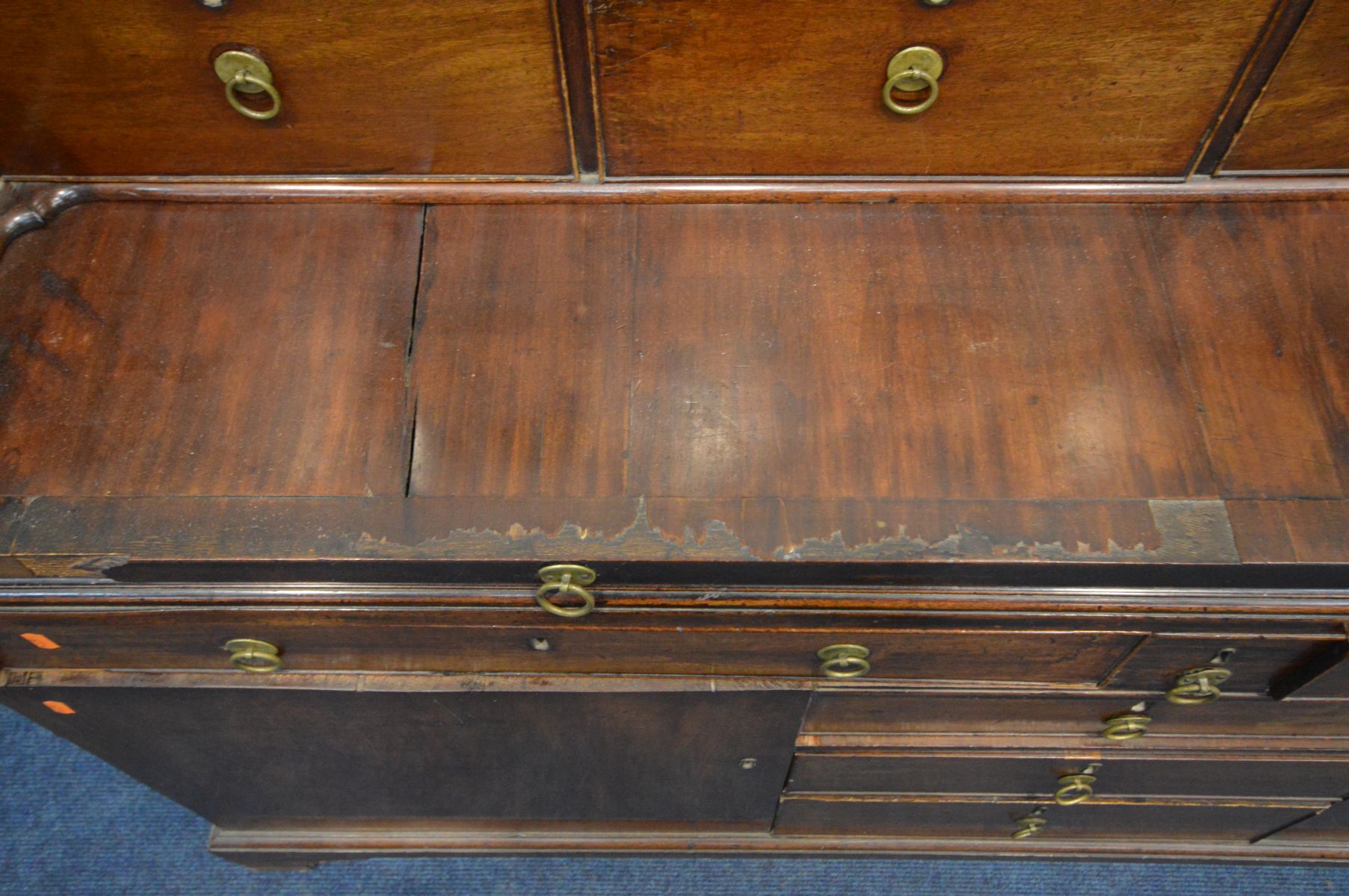 A GEORGIAN AND LATER MAHOGANY DESK, the top section with eight drawers and pull out writing slide, - Image 5 of 10
