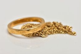 A 22CT GOLD RING AND A 9CT GOLD CHAIN NECKLACE, the band ring with repeated engraved simple flower