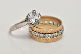 TWO YELLOW METAL SPINEL SET DRESS RINGS, the first a full eternity ring, textured rim set with a row