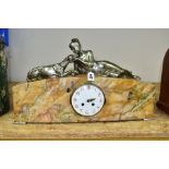 A 1930'S MARBLE AND FIGURAL MANTEL CLOCK, the arched case surmounted by a silver plated female