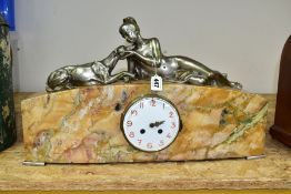 A 1930'S MARBLE AND FIGURAL MANTEL CLOCK, the arched case surmounted by a silver plated female