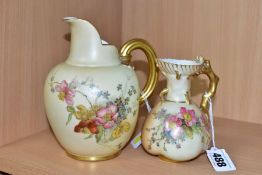 TWO ROYAL WORCESTER BLUSH IVORY JUGS, comprising one flat back jug (shape No 1094) height 15cm and