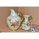 TWO ROYAL WORCESTER BLUSH IVORY JUGS, comprising one flat back jug (shape No 1094) height 15cm and