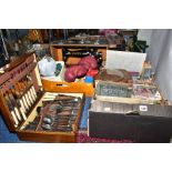 TWO BOXES AND LOOSE BOOKS, TOYS, CUTLERY, SEWING MACHINES, ETC, to include penny cigarette card