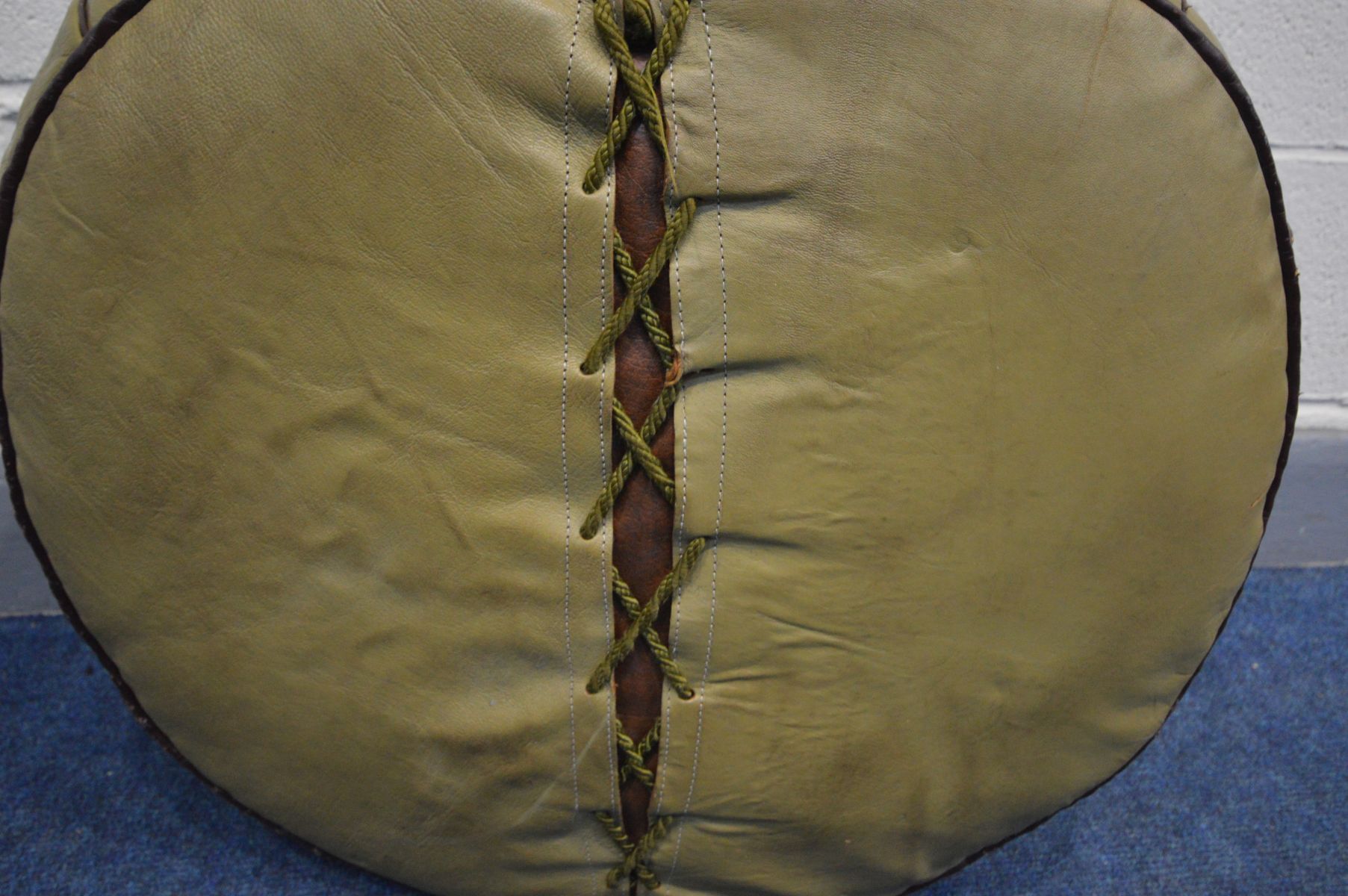 A MOROCCAN PATCHWORK LEATHER CIRCULAR POUFFE, diameter 64cm (some loose stitching) - Image 3 of 4