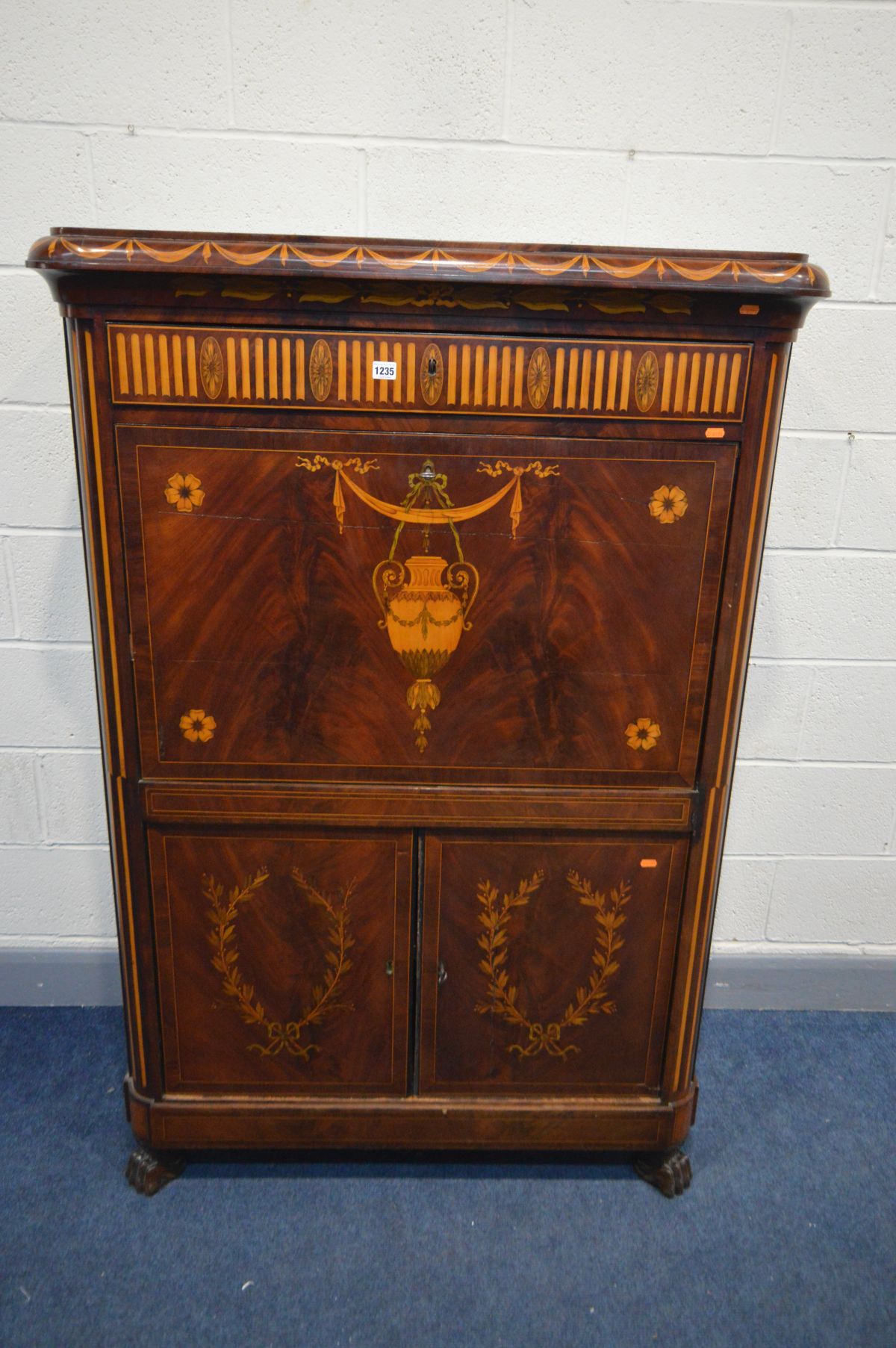 A LOUIS XVI MAHOGANY AND MARQUETRY INLAID SECRETAIRE A ABATANT, 18th century, the single drawer