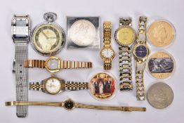 A SELECTION OF WATCHES AND COINS, to include an Ingersoll open face pocket watch, a lady's gold