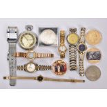 A SELECTION OF WATCHES AND COINS, to include an Ingersoll open face pocket watch, a lady's gold