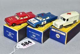 THREE BOXED MATCHBOX 1-75 SERIES EMERGENCY VEHICLES, Daimler Ambulance, No.14, second type larger