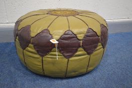 A MOROCCAN PATCHWORK LEATHER CIRCULAR POUFFE, diameter 64cm (some loose stitching)